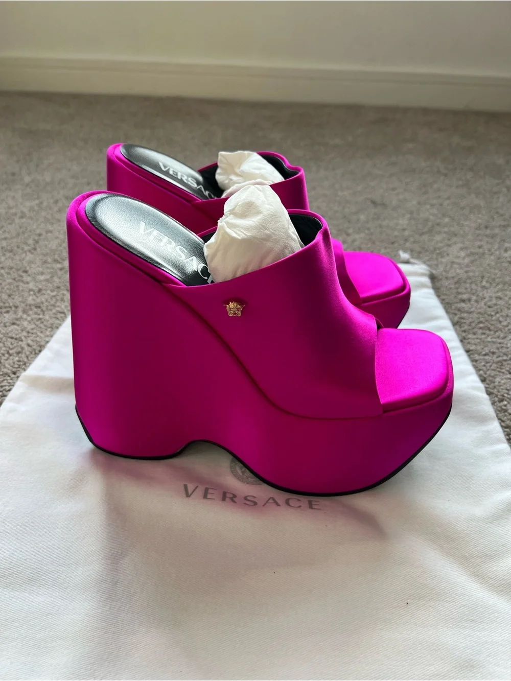 Versace Hot Pink Satin Open-Toe Platform Mules